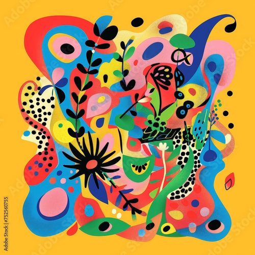 a colorful art with black and white flowers