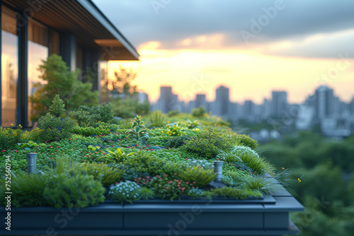 The construction of a green roof on a city building, incorporating natural vegetation for improved energy efficiency and urban biodiversity. Concept of green urban infrastructure. Generative Ai.
