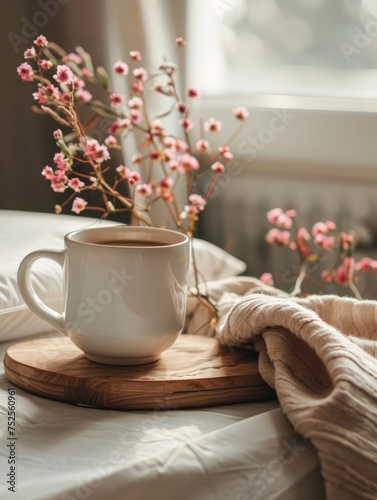 a cup of coffee on a tray with pink flowers