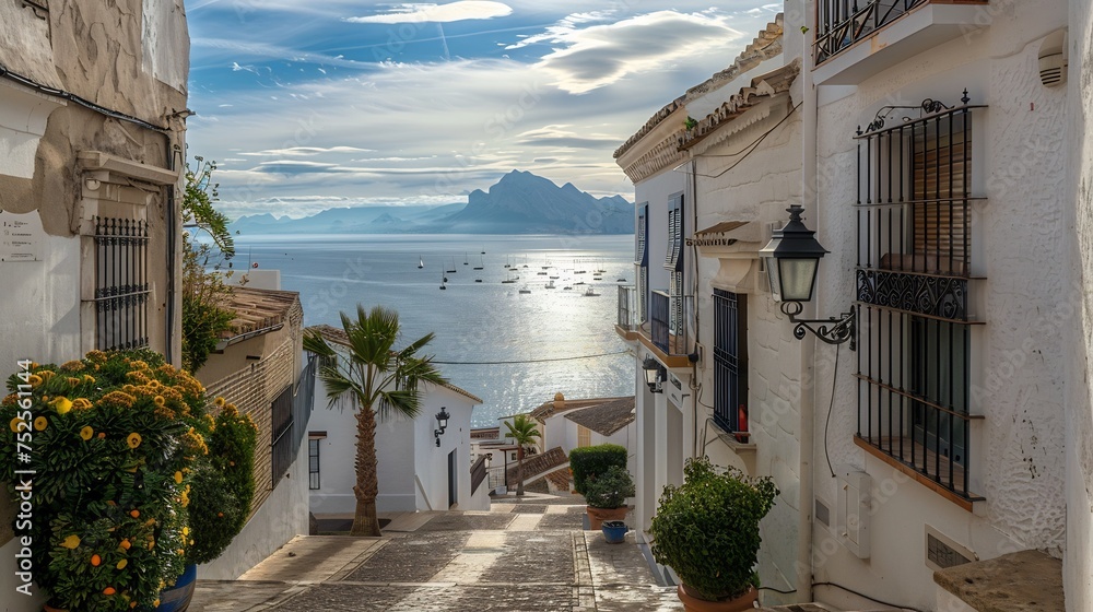 A picturesque view of Altea old town, characterized by its narrow winding streets and charming whitewashed houses nestled against the backdrop of the Mediterranean sea in Alicante province