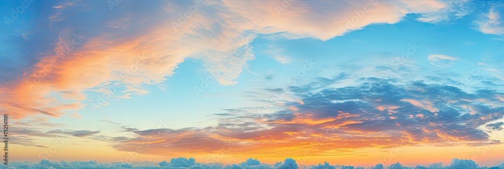 Twilight Landscape: Panoramic View of Blue and Orange Sky at Dusk with Colourful Nature Background
