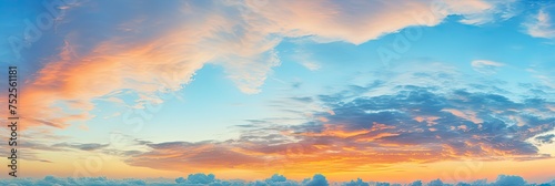 Twilight Landscape: Panoramic View of Blue and Orange Sky at Dusk with Colourful Nature Background © Serhii