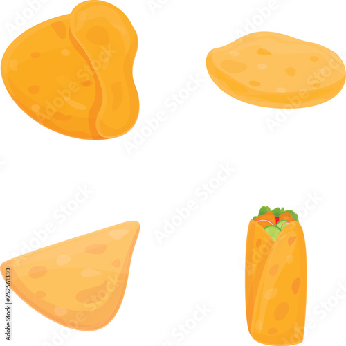Pita bread icons set cartoon vector. Ingredient for cook tortilla burrito taco. Street fast food