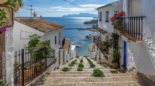 A picturesque view of Altea old town, characterized by its narrow winding streets and charming whitewashed houses nestled against the backdrop of the Mediterranean sea in Alicante province photo