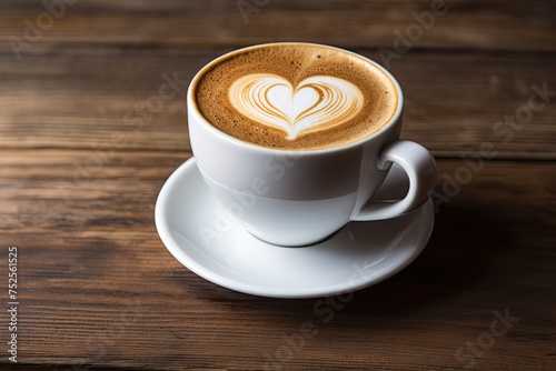 Hot White Latte Art in a Vintage Coffee Cup. Close-Up of a Heart-Shaped Latte Art on a Wooden