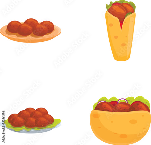 Falafel icons set cartoon vector. Fresh falafel full of meat and fresh vegetable. Jewish, arabic cuisine
