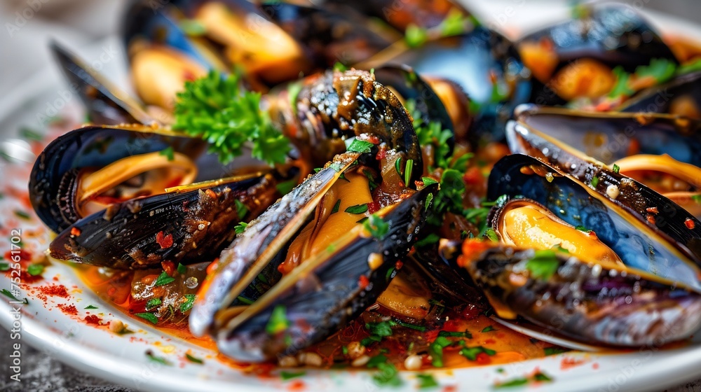 A mouthwatering culinary scene featuring a plate of delicious seafood mussels topped with savory sauce and garnished with fresh parsley - obrazy, fototapety, plakaty 