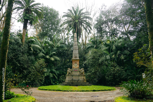Monument to the creators of Parque Terra Nostra. Furnas, Sao Miguel island, Azores, Portugal