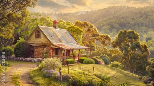 A charming Australian countryside cottage nestled among rolling hills, surrounded by lush greenery and blooming wildflowers photo