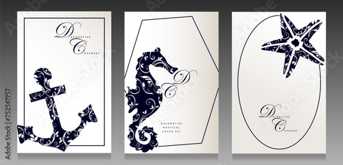 Ornamental cover set design. Elegant background with nautical symbols. Starfish, seahorse and an anchor with ornamental elements.