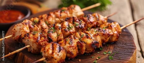 Rustic wooden board with assorted grilled chicken skewers for barbecue menu design