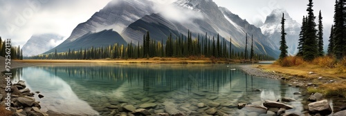 Foggy Banff, Alberta: Scenic Mountain Lake in Rocky Canadian Landscape