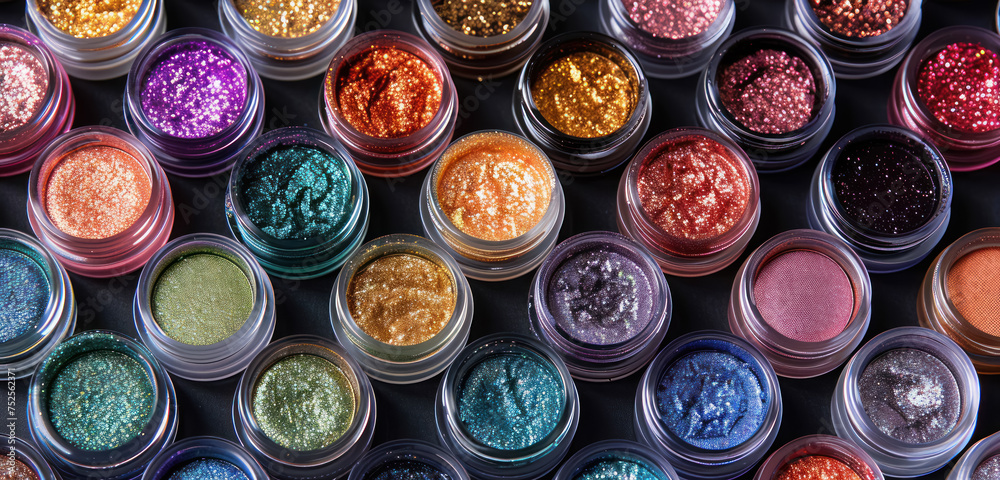 colorful array of glitter eyeshadow makeup in various vibrant shades