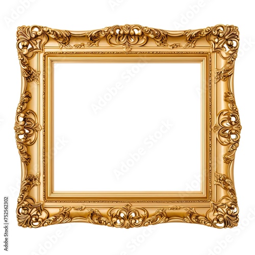 Elegant Antique Gold Square Picture Frame Border Isolated on White Background. Ornate and Classy