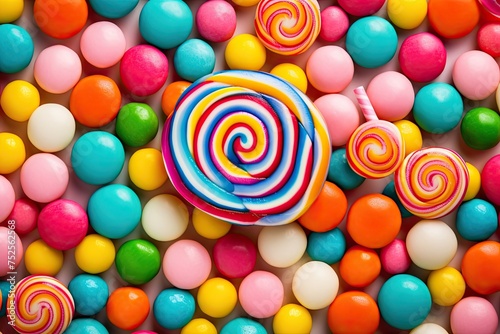 Colorful Candy Background with Lollipops and Round Candies perfect for Confectionery and Sweet