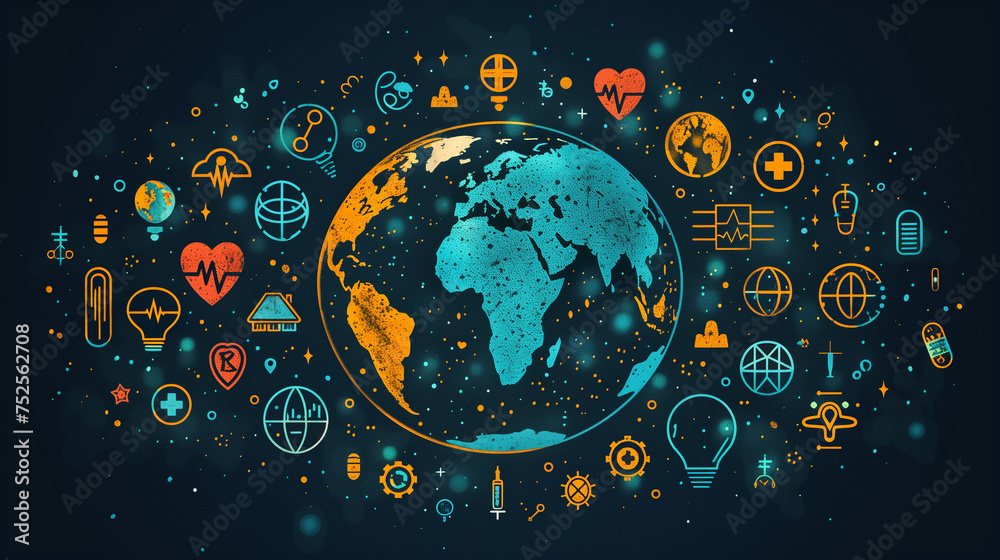 Globe adorned with healthcare icons, highlighting interconnectedness of health issues Globe adorned with healthcare icons, highlighting interconnectedness of health issues