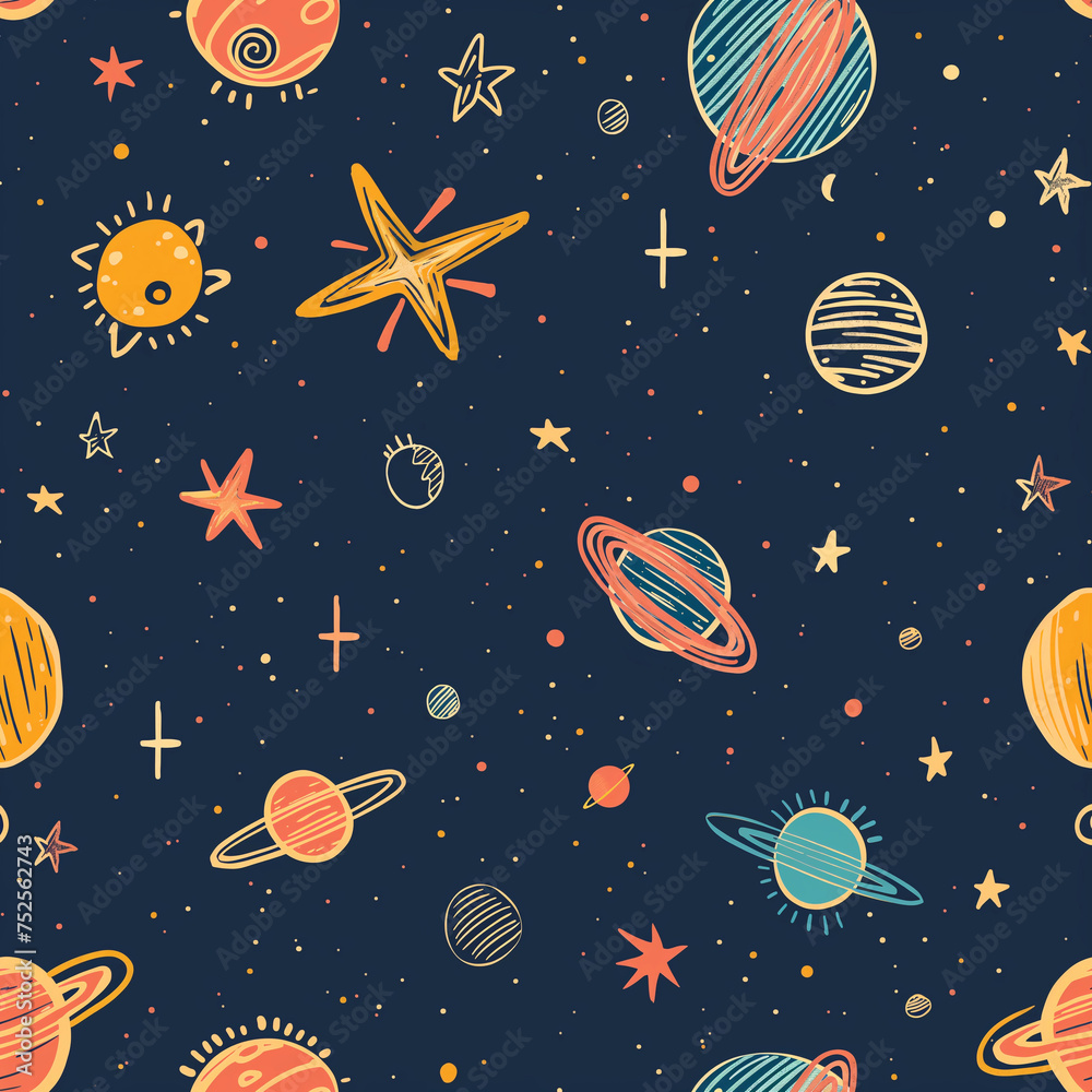 Seamless space-themed, planets and stars on a dark blue background. Seamless space-themed, planets and stars on a dark blue background.