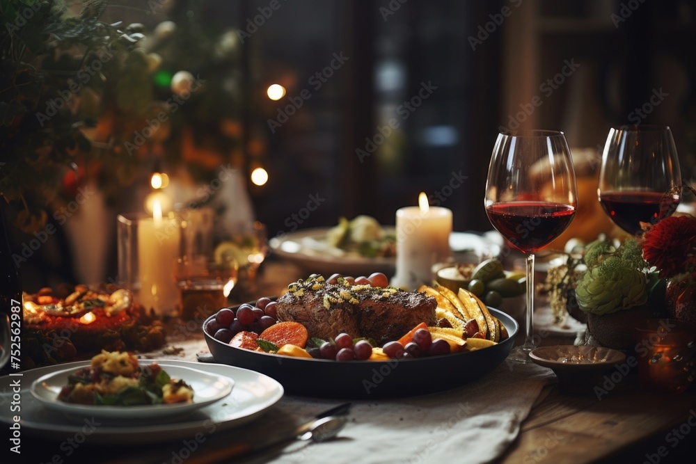 Elegant dining table with wine glasses and plates of delicious food, perfect for restaurant menus or food blogs Elegant dining table with wine glasses and plates of delicious food, perfect for restaurant menus or food blogs