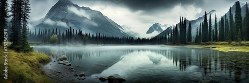 Majestic Banff National Park Landscape. Scenic Rocky Mountain Lake shrouded in Fog. 