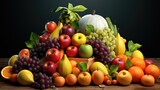 Colorful assortment of fruits on a rustic table. Ideal for healthy eating concepts