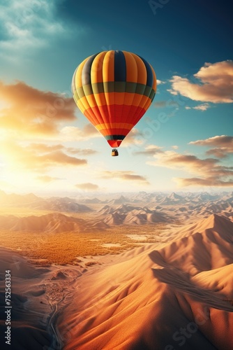 A stunning hot air balloon soaring over a desert landscape. Perfect for travel and adventure concepts