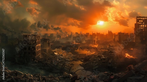 A haunting depiction of a post-apocalyptic abandoned city, with destroyed buildings looming amidst a landscape of burning rubble, the air thick with pollution and smoke