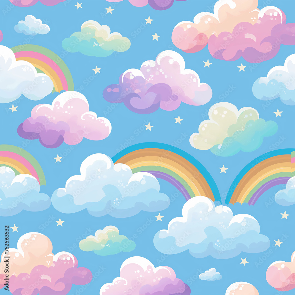 Seamless rainbows and clouds in the sky texture.