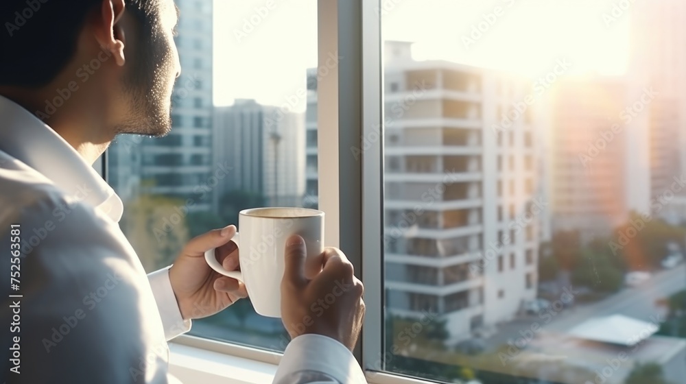 A man holding a cup of coffee while gazing out a window. Suitable for lifestyle or relaxation concepts - obrazy, fototapety, plakaty 