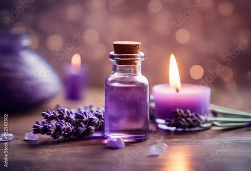 Glass bottle of Lavender essential oil with lavender flowers and candles and amethyst crystals lavender products