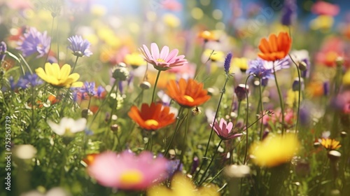 Vibrant field of flowers under a clear blue sky. Perfect for nature backgrounds
