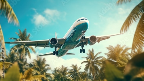 A large jetliner flying through a lush green forest. Perfect for travel or environmental concepts