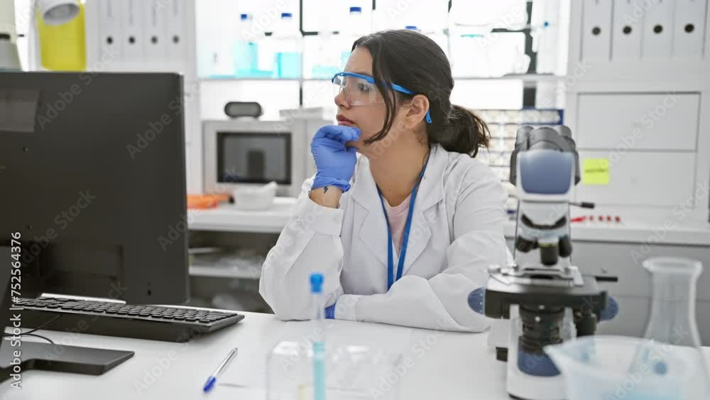 A thoughtful woman scientist in a lab with microscope, computer, and lab equipment. A thoughtful woman scientist in a lab with microscope, computer, and lab equipment.