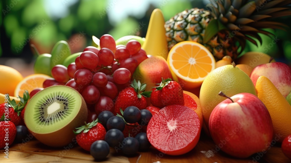 Fresh assortment of fruit on rustic table, ideal for food and nutrition concepts Fresh assortment of fruit on rustic table, ideal for food and nutrition concepts