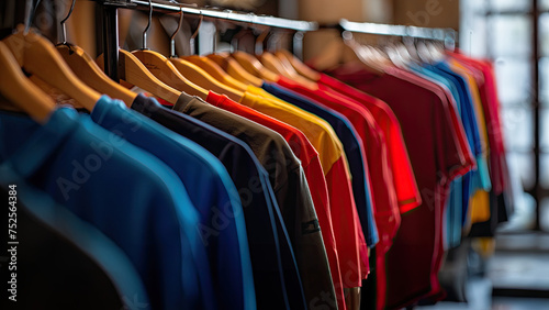 Plain t-shirts of different colors hang on a hanger, store interior