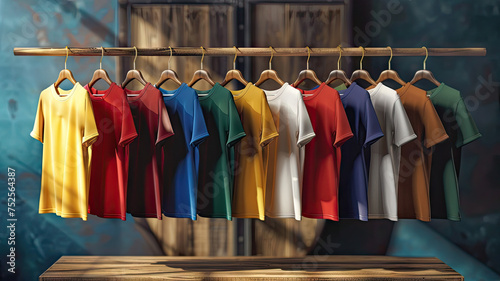 Plain t-shirts of different colors hang on a hanger, store interior