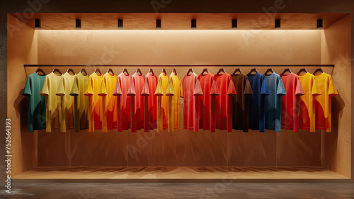 Plain t-shirts of different colors hang on a hanger, store interior