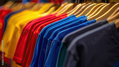 Plain t-shirts of different colors hang on a hanger, store interior