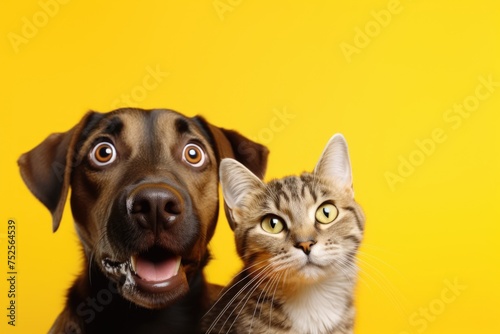 A dog and a cat staring at the camera. Suitable for pet lovers