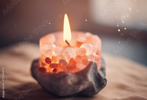Himalayan rock salt candle holder and gemstones Balance and calm energy flow at home purifying the air aromatherapy candle close up Spa and relaxation