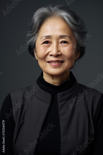A woman with gray hair wearing a black shirt. Suitable for various concepts and designs