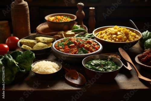 A wooden table with assorted bowls of food. Perfect for food blogs or restaurant menus