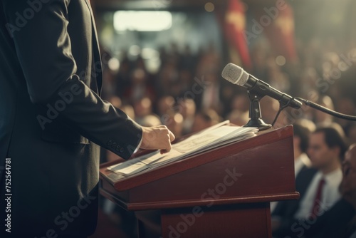 A man standing at a podium addressing a crowd, suitable for business or public speaking concepts