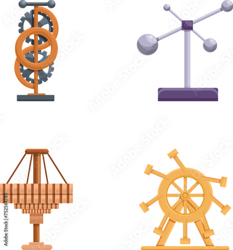 Perpetual motion icons set cartoon vector. Mechanical perpetual motion machine. Invention, device