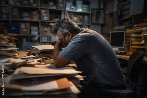 Exhausted man in an office full of folders and work, side view