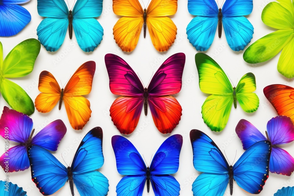 Colorful butterflies resting on a white surface, perfect for nature or spring-themed designs