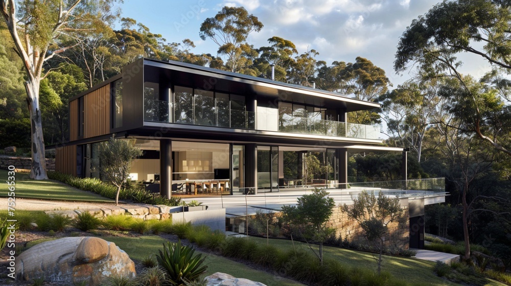 An elegant modern Australian home with sleek architectural lines and floor-to-ceiling windows, set against a backdrop of towering eucalyptus trees and rugged bushland