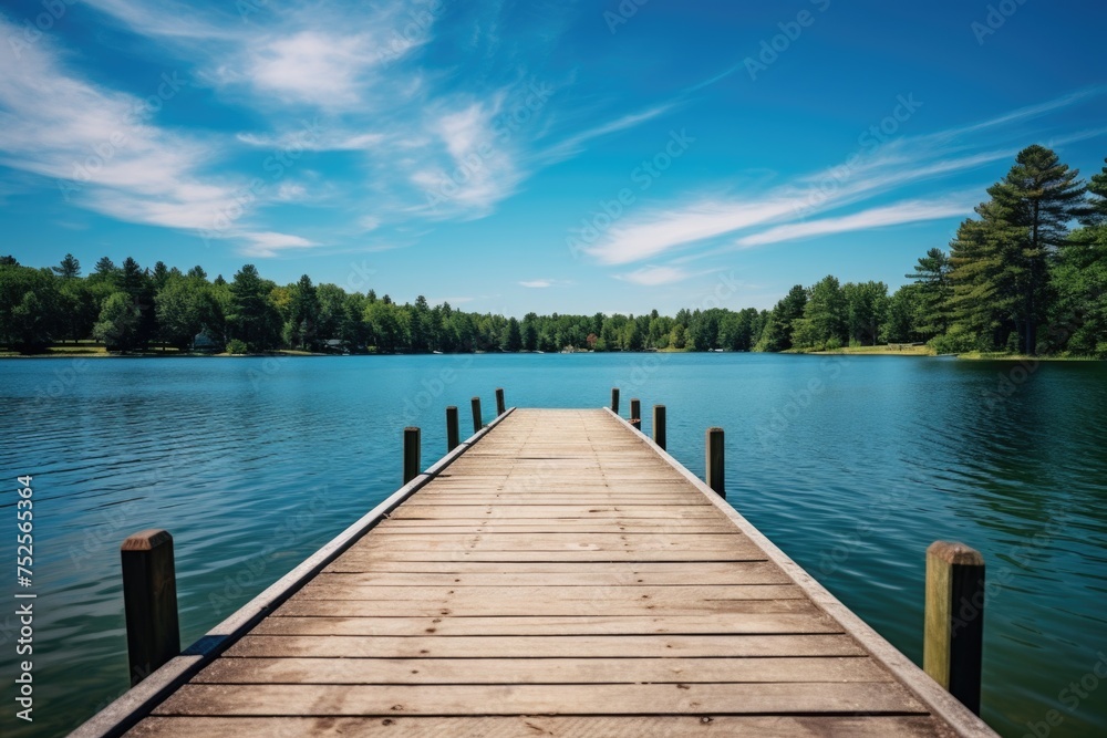 A serene dock on a lake with a lush forest backdrop. Ideal for nature and outdoor themed projects