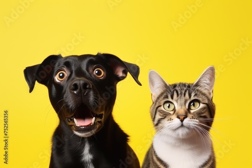 A cat and a dog are posing for the camera. Suitable for pet photography projects