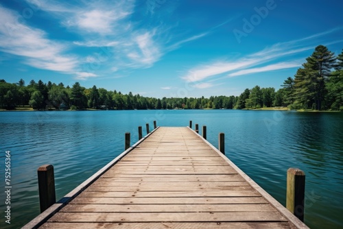 A serene dock on a lake with a lush forest backdrop. Ideal for nature and outdoor themed projects