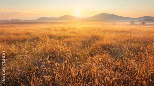 An awe-inspiring nature landscape at sunrise  where the golden light spills over vast fields of wild grass  casting long shadows and highlighting the delicate dewdrops clinging to blades